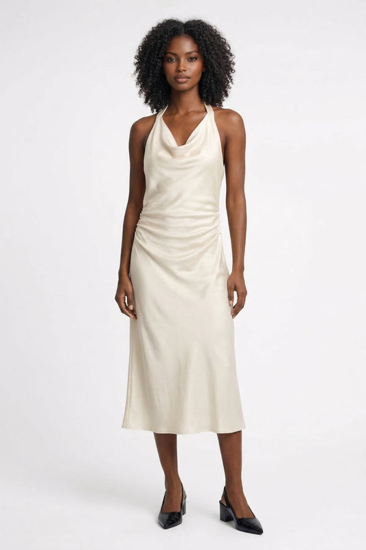 Robe Femme Midi - Brillante Halter Drapé Froncée Sans Manches