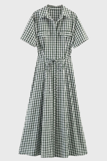 Robe Femme Midi - Chemisier Vichy Ceinture Nouée Manches Courtes