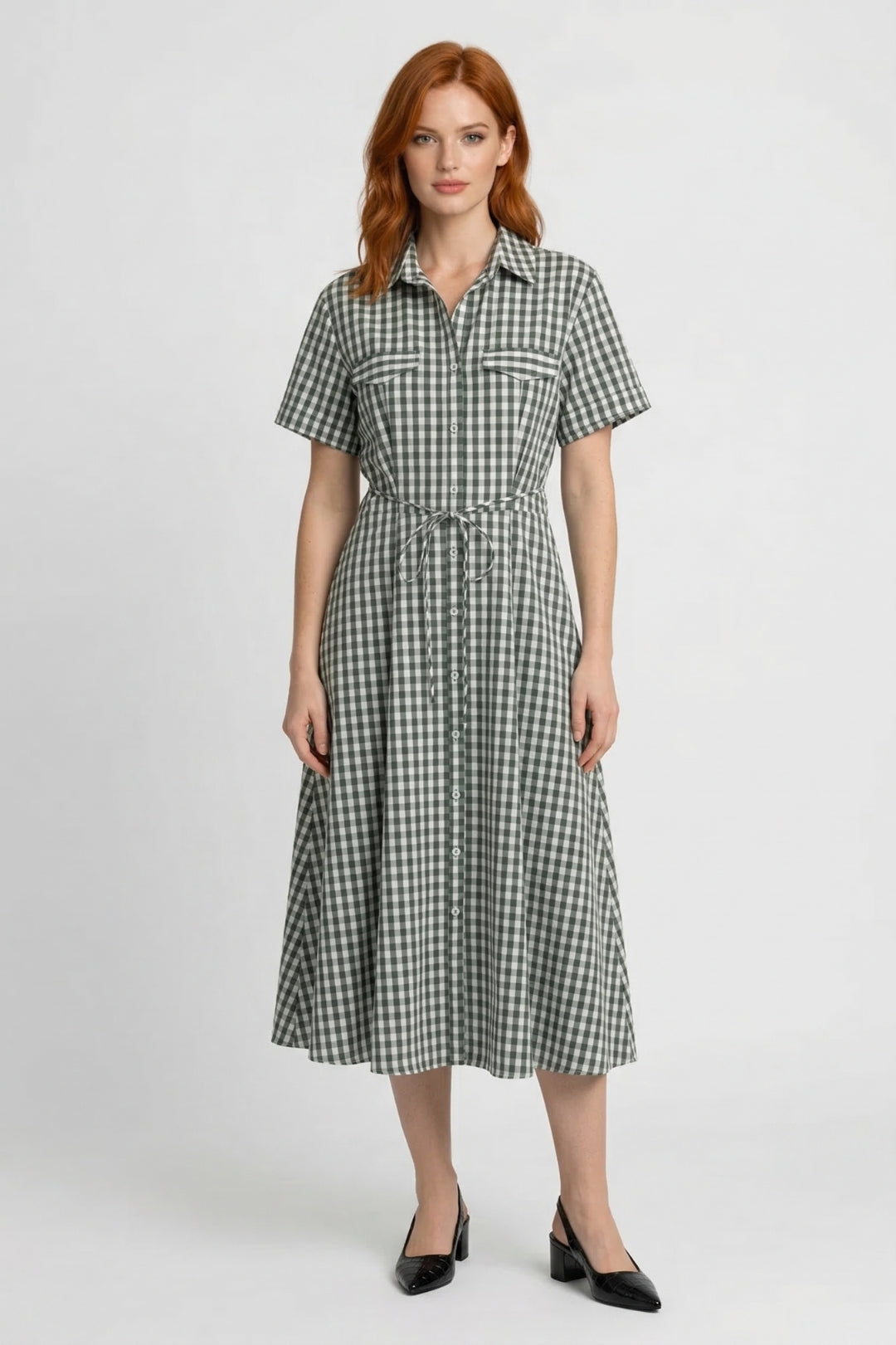 Robe Femme Midi - Chemisier Vichy Ceinture Nouée Manches Courtes