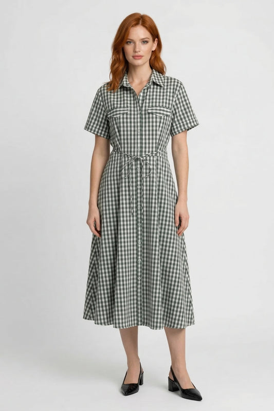 Robe Femme Midi - Chemisier Vichy Ceinture Nouée Manches Courtes