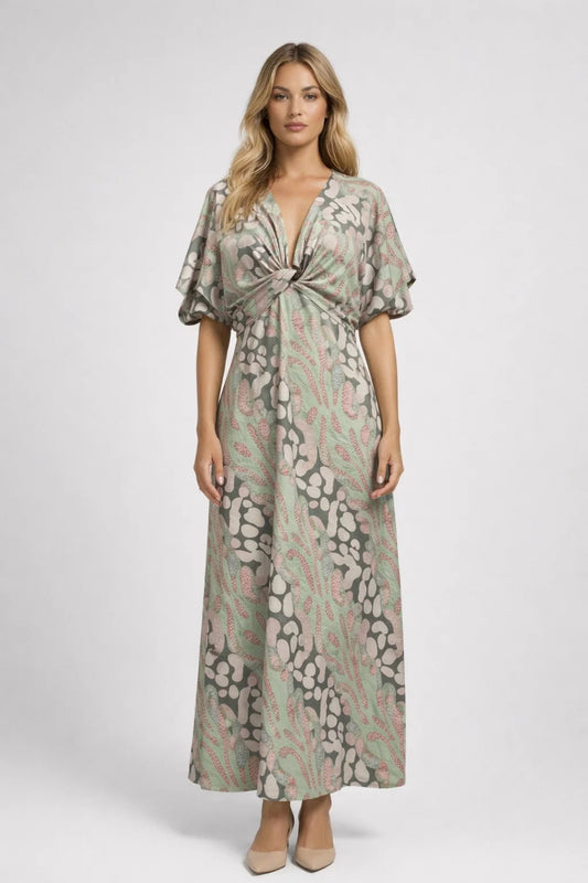 Robe Maxi Femme - Col V Manches Papillon Imprimé Floral | Élégante