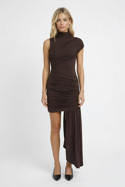 Robe Femme Mini - Col Montant Drapé Froncé Ourlet Asymétrique