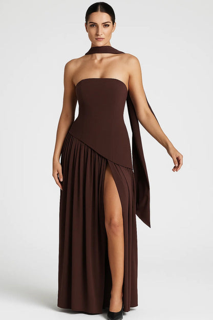 Robe Maxi Femme - Bustier Plissé Fendue Écharpe | Élégante