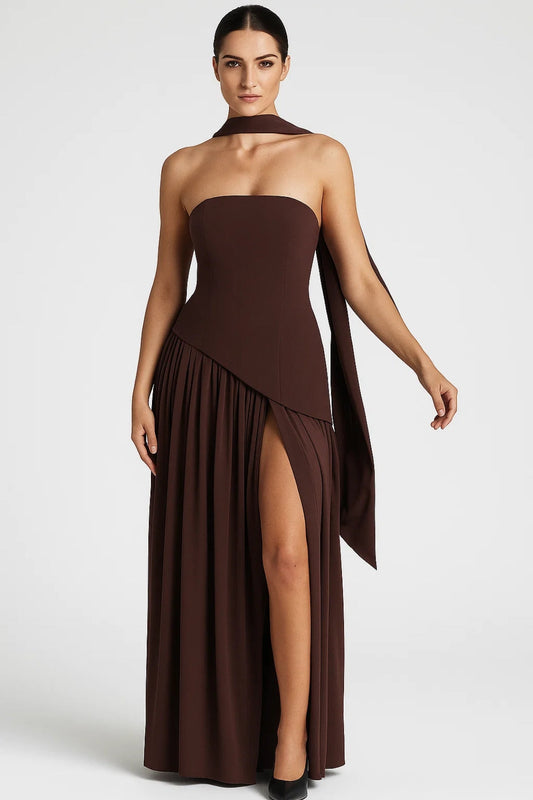 Robe Maxi Femme - Bustier Plissé Fendue Écharpe | Élégante