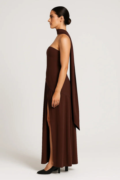 Robe Maxi Femme - Bustier Plissé Fendue Écharpe | Élégante