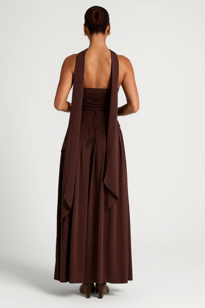 Robe Maxi Femme - Bustier Plissé Fendue Écharpe | Élégante