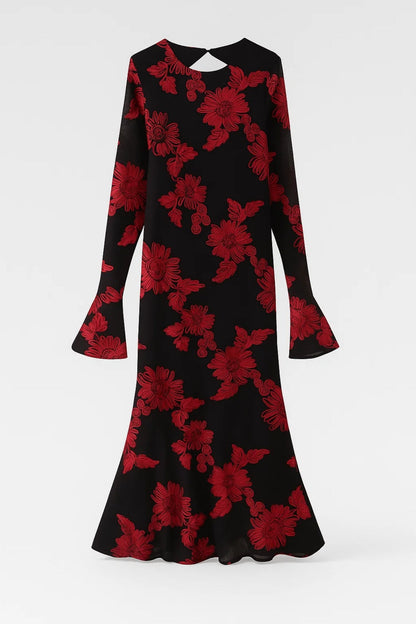 Robe Midi Femme - Manches Longues Fleurie Évasée | Élégante