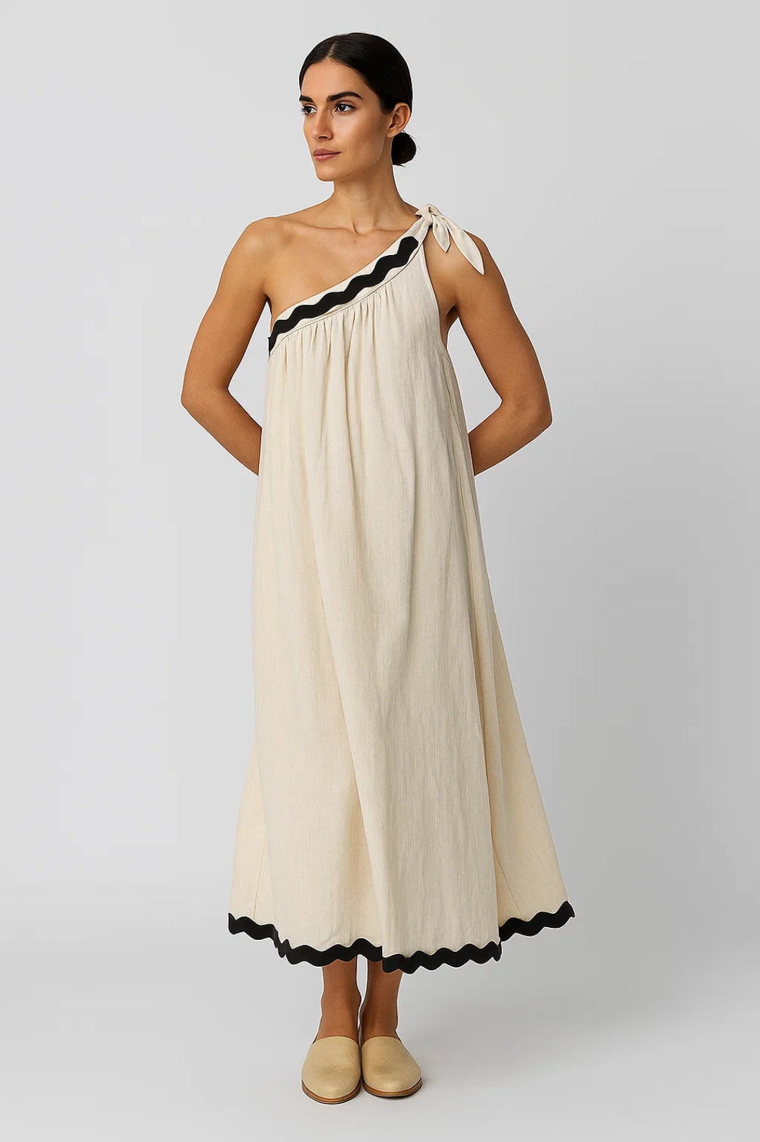 Robe Maxi Femme - Une Bretelle Nouée Bordures Ondulées Évasée | Été