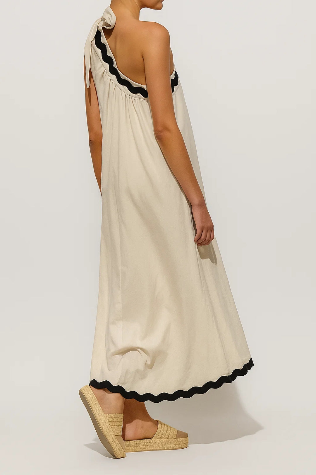 Robe Maxi Femme - Une Bretelle Nouée Bordures Ondulées Évasée | Été