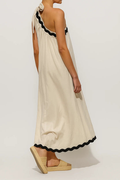 Robe Maxi Femme - Une Bretelle Nouée Bordures Ondulées Évasée | Été