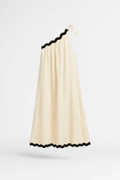 Robe Maxi Femme - Une Bretelle Nouée Bordures Ondulées Évasée | Été