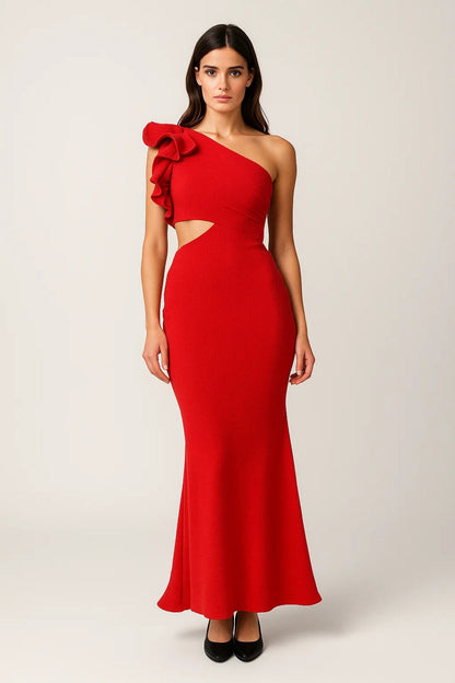 Robe Midi Femme - Une Épaule Volants Cut-Out Sirène | Été