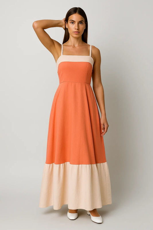 Robe Maxi Femme - Bretelles Fines Bicolore Taille Smockée | Été
