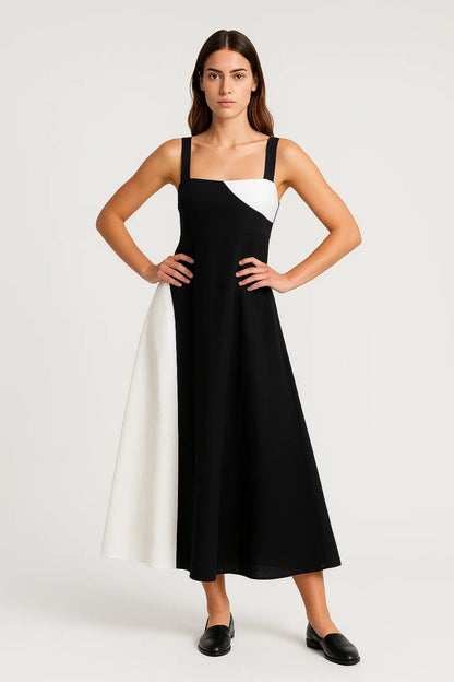 Robe Midi Femme - Bretelles Larges Col Carré Colour Block Évasée | Chic