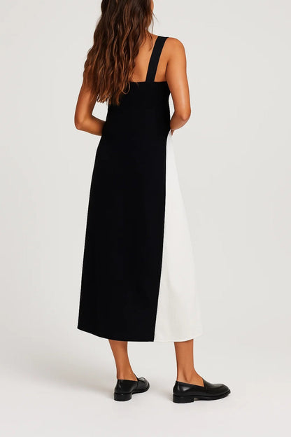 Robe Midi Femme - Bretelles Larges Col Carré Colour Block Évasée | Chic