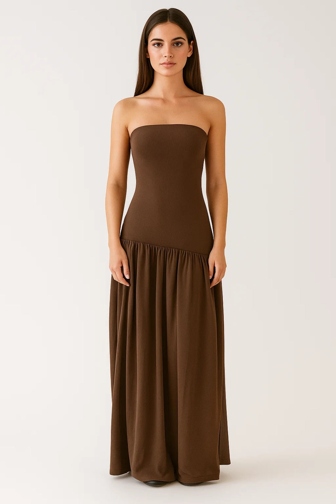 Robe Maxi Femme - Bustier Droit Sans Bretelles Jupe Froncée | Été