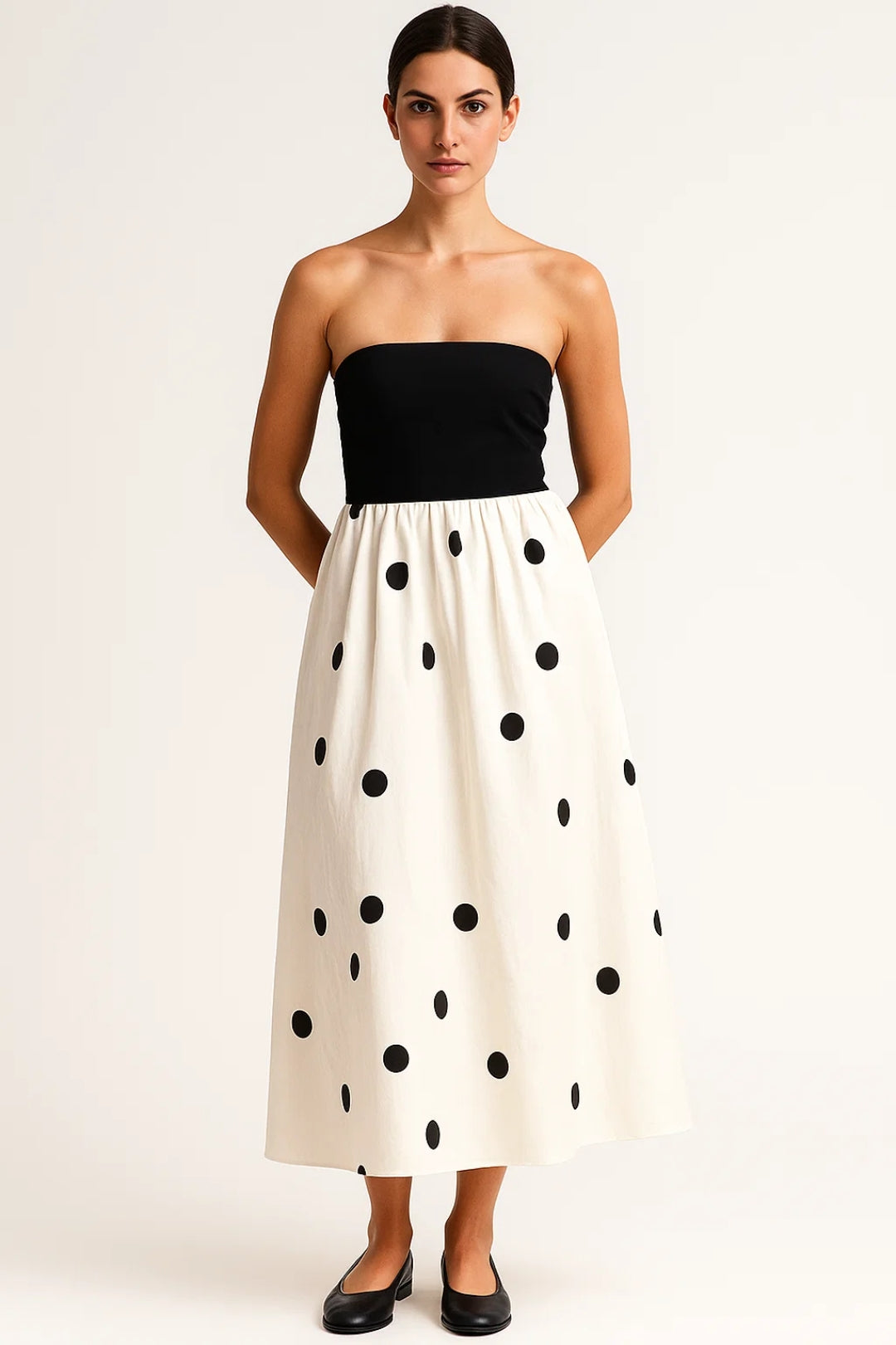 Robe Midi Femme - Bustier Bicolore Jupe Imprimée Pois Évasée | Été