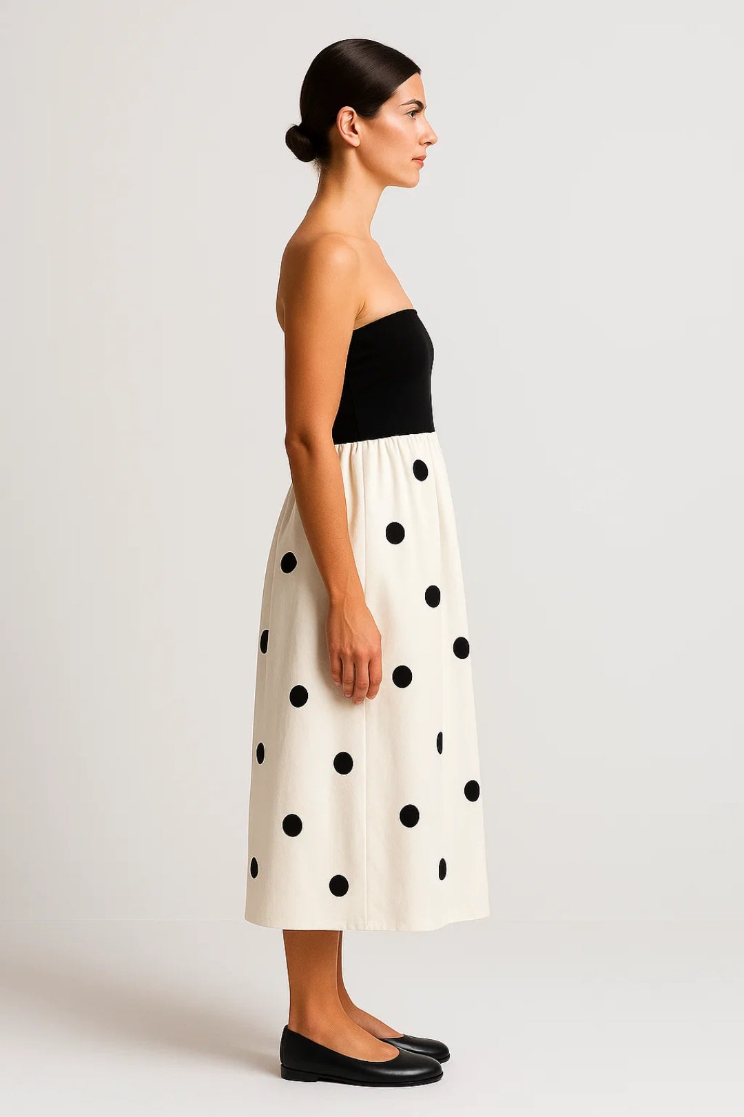 Robe Midi Femme - Bustier Bicolore Jupe Imprimée Pois Évasée | Été