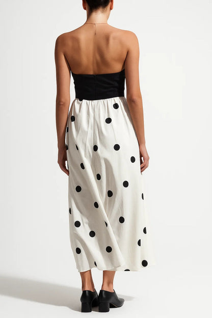 Robe Midi Femme - Bustier Bicolore Jupe Imprimée Pois Évasée | Été