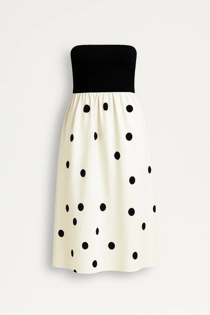 Robe Midi Femme - Bustier Bicolore Jupe Imprimée Pois Évasée | Été