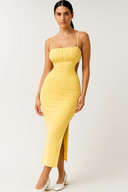 Robe Midi Femme - Bretelles Fines Drapée Cut-Out avec Fente | Chic