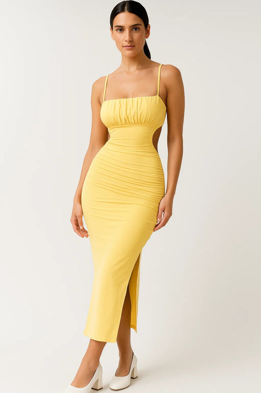 Robe Midi Femme - Bretelles Fines Drapée Cut-Out avec Fente | Chic