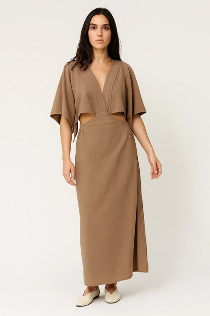 Robe Maxi Femme - Cut-out Taille avec Col V Profond | Moderne