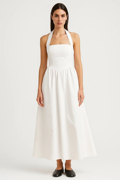 Robe Maxi Femme - Halter Col Carré Jupe Évasée Dos Nu | Élégant