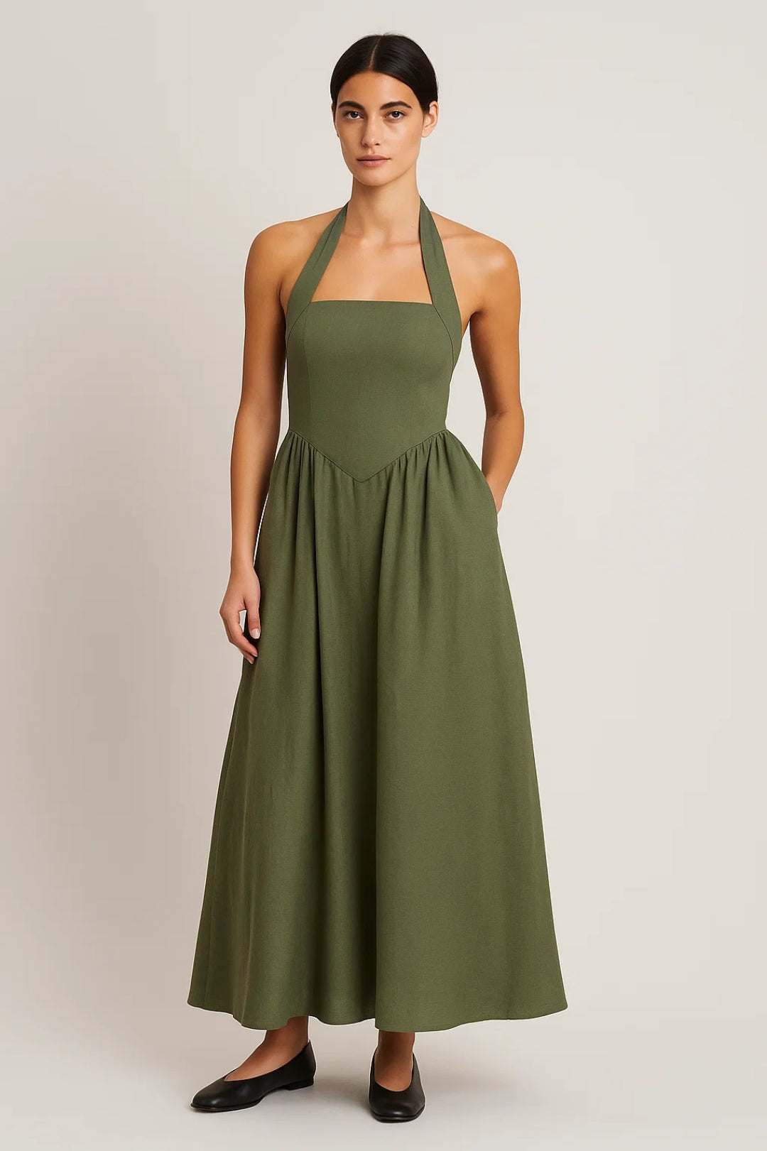 Robe Maxi Femme - Halter Col Carré Jupe Évasée Dos Nu | Élégant