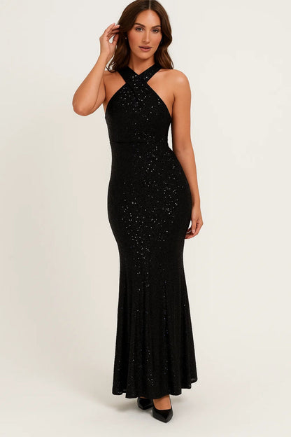 Robe Maxi Femme - Halter Croisé Pailletée Sirène | Soirée
