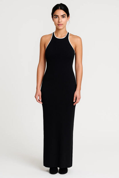 Robe Maxi Femme - Dos Nageur Moulante Nervurée Liseré Contrasté | Chic