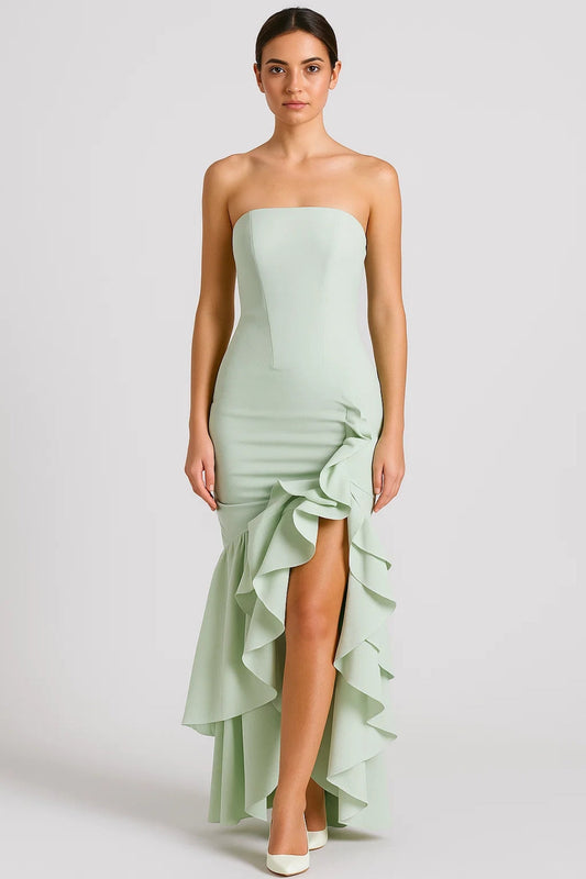 Robe Maxi Femme - Bustier Droit Volants Cascade Fente | Soirée