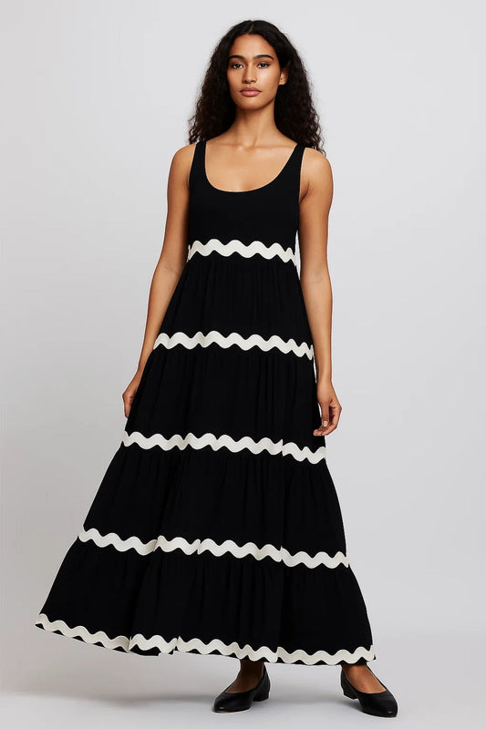 Robe Maxi Femme - Étagée Sans Manches Bordures Ondulées | Été
