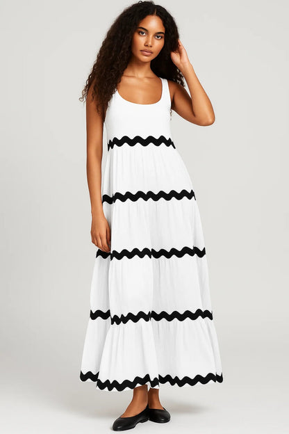 Robe Maxi Femme - Étagée Sans Manches Bordures Ondulées | Été