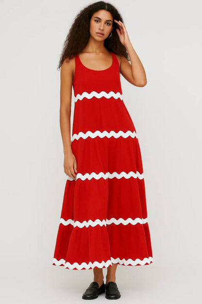 Robe Maxi Femme - Étagée Sans Manches Bordures Ondulées | Été