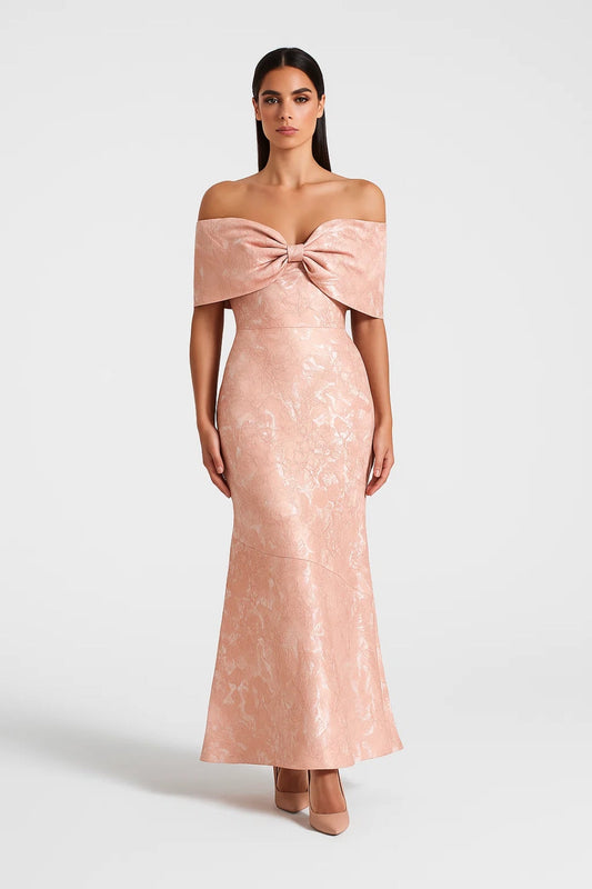 Robe Maxi Femme - Épaules Dénudées Noeud Sirène Jacquard | Soirée