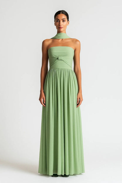 Robe Maxi Femme - Bustier Noeud Jupe Plissée Col Noué | Élégante