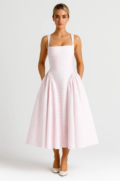 Robe Midi Femme - Bretelles Larges Carreaux Évasée | Élégante