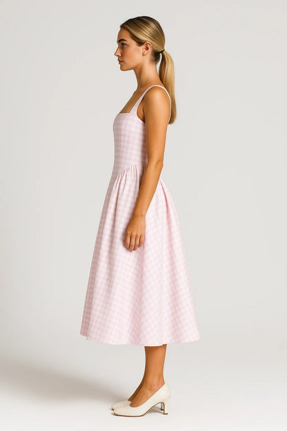 Robe Midi Femme - Bretelles Larges Carreaux Évasée | Élégante
