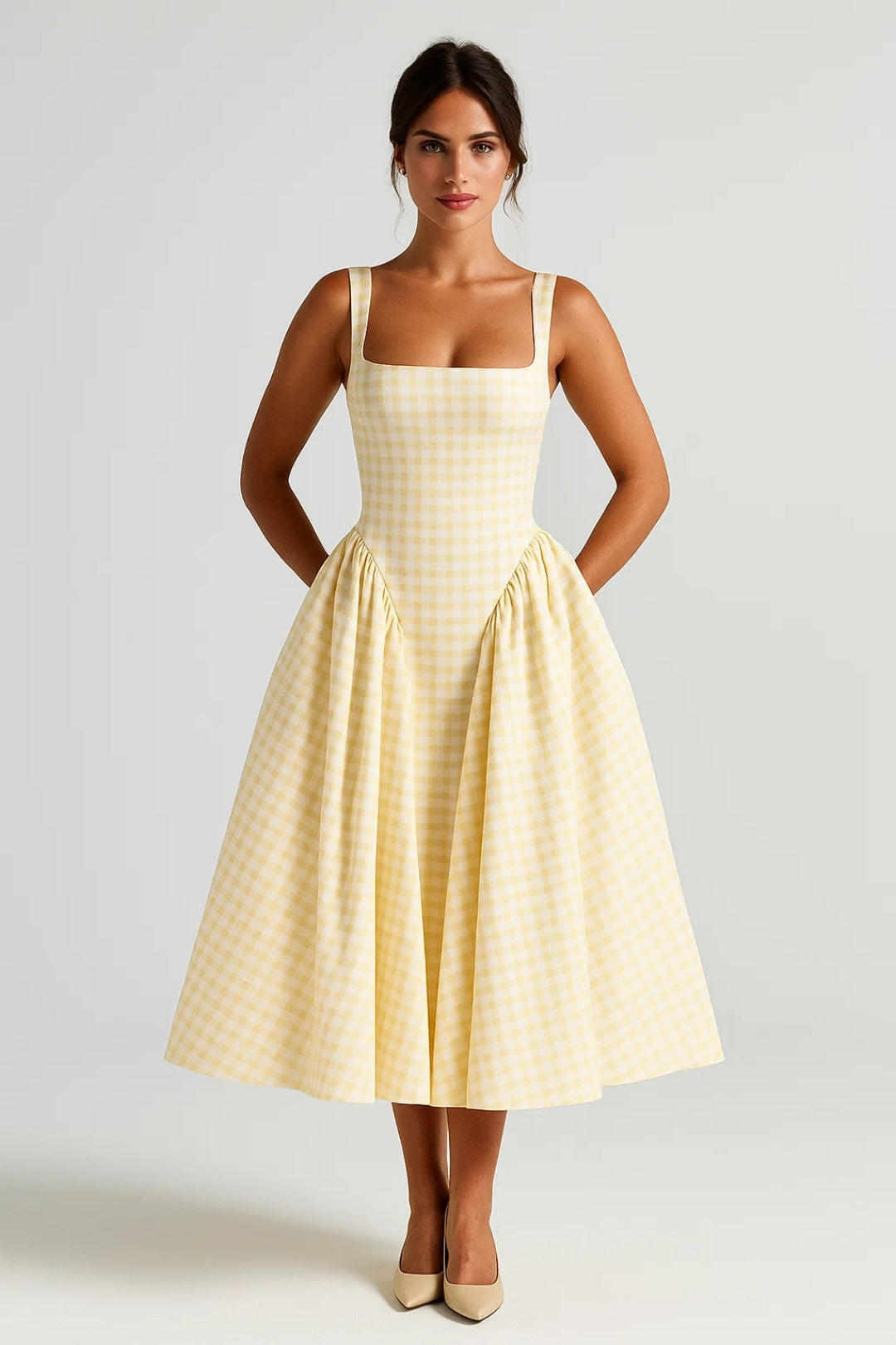 Robe Midi Femme - Bretelles Larges Carreaux Évasée | Élégante