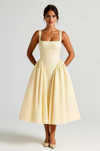 Robe Midi Femme - Bretelles Larges Carreaux Évasée | Élégante