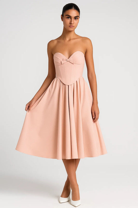 Robe Midi Femme - Bustier Noeud Coupe Évasée Sans Bretelles | Chic