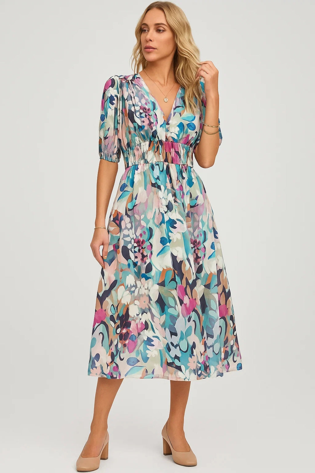 Robe Midi Femme - Col V Manches Bouffantes Imprimé Floral | Élégante
