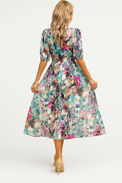Robe Midi Femme - Col V Manches Bouffantes Imprimé Floral | Élégante