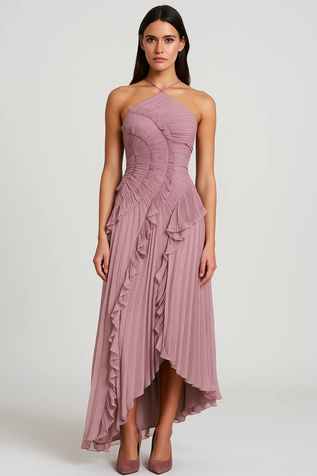 Robe Maxi Femme - Halter Plissée Volants Asymétrique | Élégante