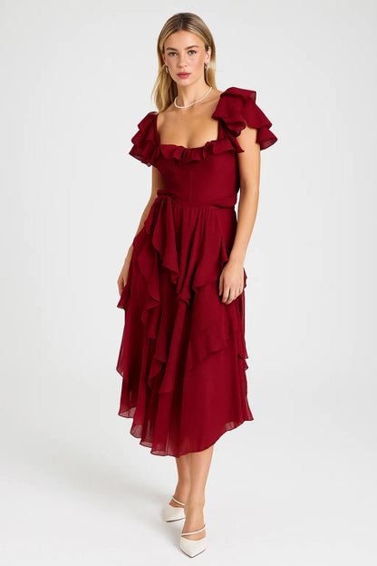 Robe Midi Femme - Volants Étagés Bustier Manches Papillon | Élégante