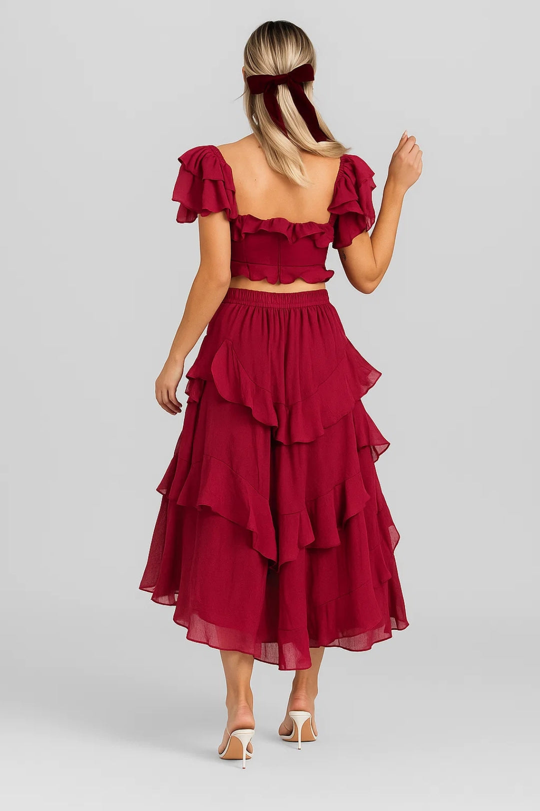 Robe Midi Femme - Volants Étagés Bustier Manches Papillon | Élégante