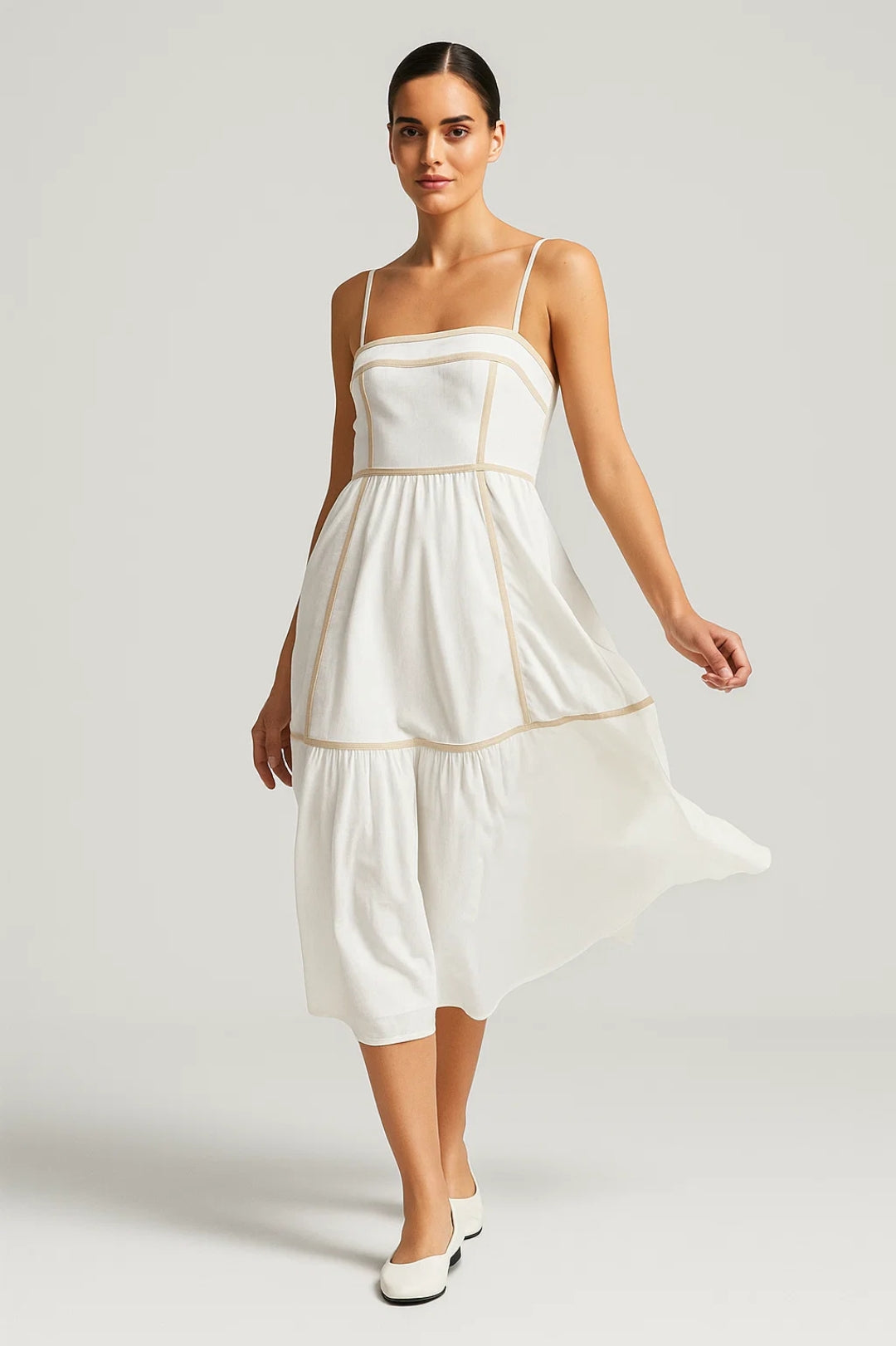 Robe Midi Femme - Bretelles Fines Étagée Bordures Dorées | Été