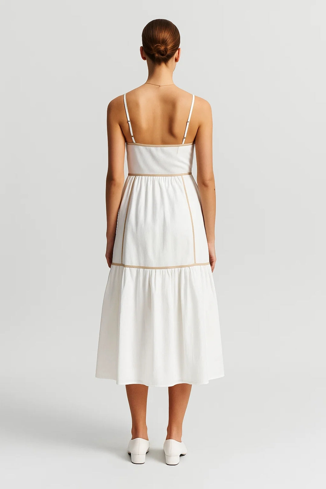 Robe Midi Femme - Bretelles Fines Étagée Bordures Dorées | Été