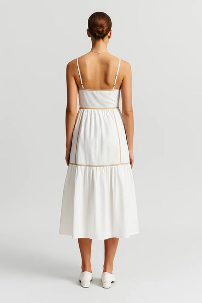 Robe Midi Femme - Bretelles Fines Étagée Bordures Dorées | Été